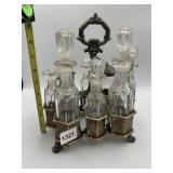VTG CRUET SET W/ METAL CADDY, ORNATE HANDLE,