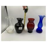 ASSORTED GLASS VASES (4), CLEAR ETCHED, BLACK,