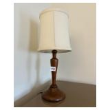 WOODEN TABLE LAMP W/ CREAM FABRIC SHADE, TURNED