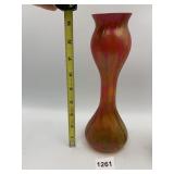 IRIDESCENT ART GLASS VASE, RED AND GOLD TONES,