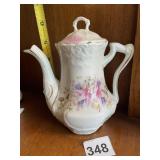 PORCELAIN COFFEE POT W/ LID, FLORAL TRANSFERWARE,