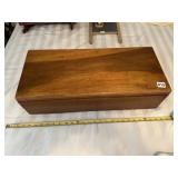 WOODEN STORAGE BOX W/ HINGED LID, SINGLE HANDLE.