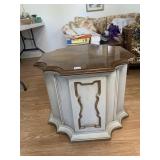 WOOD INLAID TOP END TABLE, PAINTED BASE, GILT