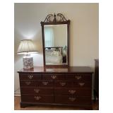 DREXEL WOODEN DRESSER W/ MIRROR, BRASS HARDWARE.
