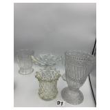 ASSORTED PRESSED GLASS DECORATIVE ITEMS, VASES,