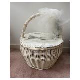 WHITE WICKER BASKET W/ LACE, PEARL, AND TULLE