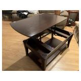 DARK WOOD LIFT-TOP COFFEE TABLE W/ LOWER SHELF.