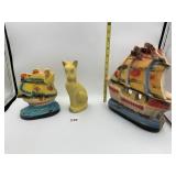 VTG CHALKWARE DECORATIVE FIGURES, SHIPS & CAT,