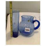 HAND BLOWN BLUE GLASS PITCHER, BLUE GLASS BUD