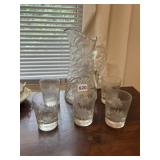 ETCHED GLASS PITCHER W/ FIVE MATCHING TUMBLER