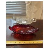 CLEAR PRESSED GLASS HANDLED DISH, RUBY RED