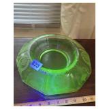 GREEN URANIUM GLASS BOWL, ETCHED FLORAL AND