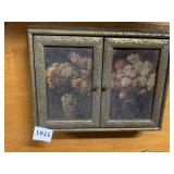 DECORATIVE GILT METAL BOX, HINGED DOORS W/ FLORAL