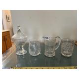 RACINGER ETCHED GLASS COMPOTE, ETCHED JAR,