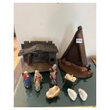 ASSORTED NATIVITY SCENE COMPONENTS, WOOD STABLE,