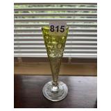 ETCHED CHARTREUSE GLASS FLUTE VASE W/ CLEAR STEM