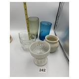 ASSORTED GLASS & CERAMIC VESSELS, MILK GLASS CUP,