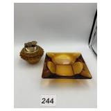 AMBER GLASS LIGHTER & ASHTRAY, FACETED LIGHTER,