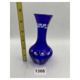 COBALT BLUE CUT-TO-CLEAR GLASS VASE, FLORAL AND