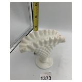 WHITE MILK GLASS FOOTED VASE, RUFFLED EDGE,