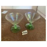 IRIDESCENT URANIUM GLASS MARTINI GLASSES W/ GREEN