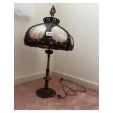 ORNATE TABLE LAMP, SLAG GLASS STYLE SHADE,