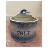 WALL MOUNTED SALT CROCK, BLUE AND WHITE GLAZE,
