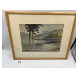FRAMED SILK LANDSCAPE ART, MOUNTAIN, LAKE,