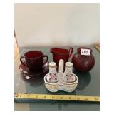 RUBY RED GLASS CUP, SAUCER, CREAMER, VASE,