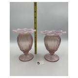 PINK OPALESCENT GLASS VASES, RUFFLED RIM, RIBBED