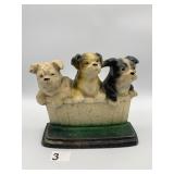 CAST IRON DOORSTOP, THREE PUPPIES IN TUB,