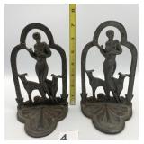 CAST IRON BOOKENDS, ART DECO STYLE WOMAN W/ DOGS,