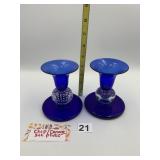 COBALT BLUE GLASS CANDLESTICKS PR, BUBBLE BALL