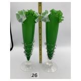 MURANO CYGNUS VASES, PR, GREEN & WHITE RUFFLED