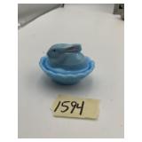 BLUE MILK GLASS BUNNY IN BASKET COVERED DISH.