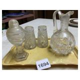 GLASS CRUET W/ STOPPER, (2) GLASS SHAKERS W/