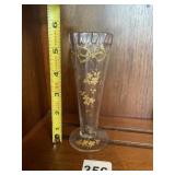 CLEAR GLASS BUD VASE, RUFFLED RIM, GOLD PAINTED