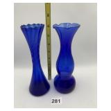 COBALT BLUE GLASS VASES, RUFFLED RIM, (2).