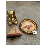 BRASS BEAR FIGURINE, SMALL WOODEN SAILBOAT,