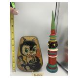 VINTAGE CAT ILLUSTRATED TIN, WOODEN STACKING