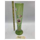 GREEN GLASS TRUMPET VASE, HAND-PAINTED THISTLE