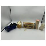 VTG GLASS PERFUME BOTTLES, BLUE CAR, GOLDEN