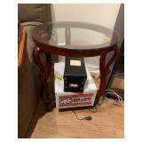 CARVED WOOD SIDE TABLE W/ ROUND GLASS TOP,