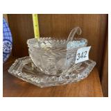 CUT GLASS CONDIMENT BOWL W/ UNDERPLATE & SPOON,