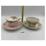 VTG FLORAL BONE CHINA TEACUPS AND SAUCERS, GILT