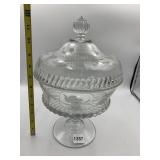 ETCHED CLEAR GLASS COVERED COMPOTE, PEDESTAL