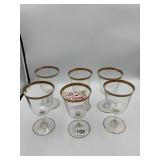 CLEAR GLASS GOBLETS W/ GOLD GREEK KEY RIM.