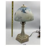 VTG TABLE LAMP W/ PAINTED GLASS SHADE, BLUE BIRD