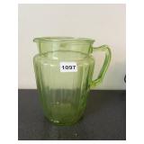 URANIUM GLASS PITCHER, RIBBED DESIGN, HANDLE.