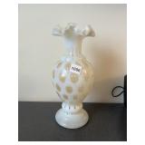 OPALESCENT ART GLASS VASE, WHITE W/ AMBER SPOTS,